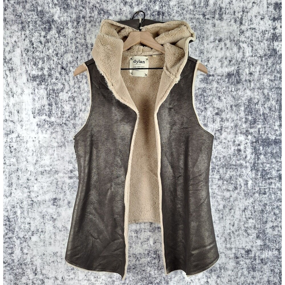 Dylan Faux Suede Sherpa Lined Hooded Vest Womens Size S Brown